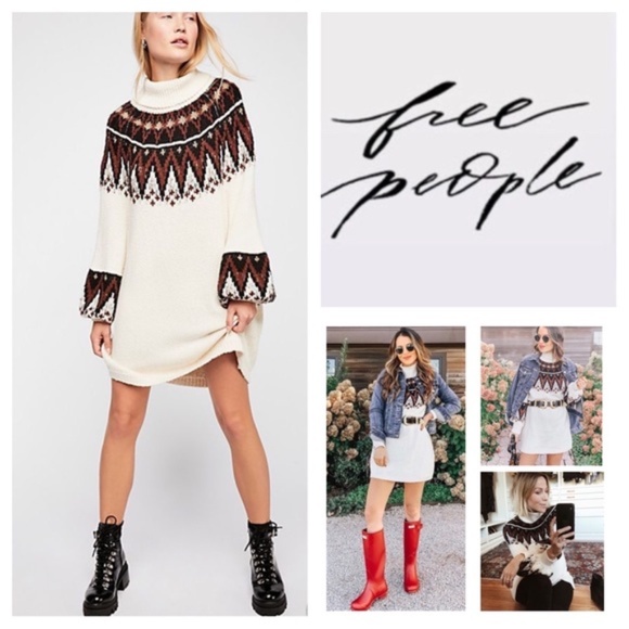 Free People Scotland Sweater Mini Dress Cream Brown S - Picture 1 of 11
